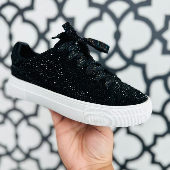 NEW🔥 Black Rhinestone Crystal Embellished Lace-Up Sneakers Low Platform Slip-On - Picture 5 of 5